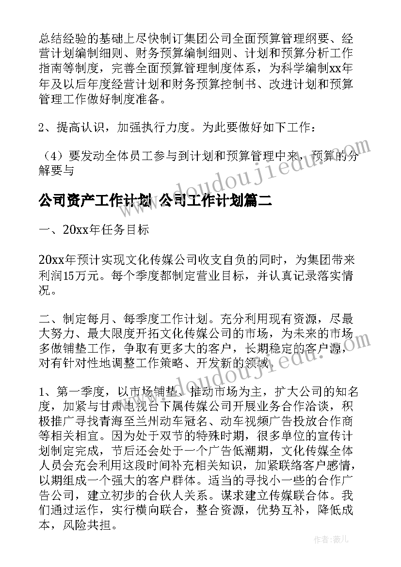 公司资产工作计划 公司工作计划(模板6篇)