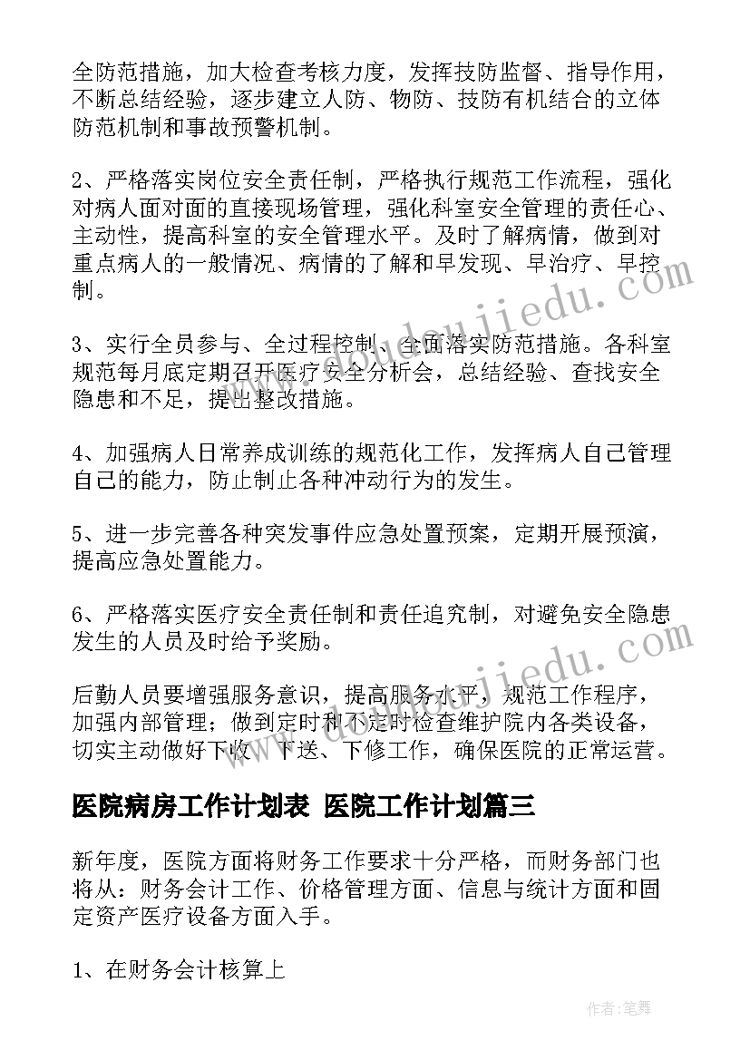 医院病房工作计划表 医院工作计划(优质7篇)