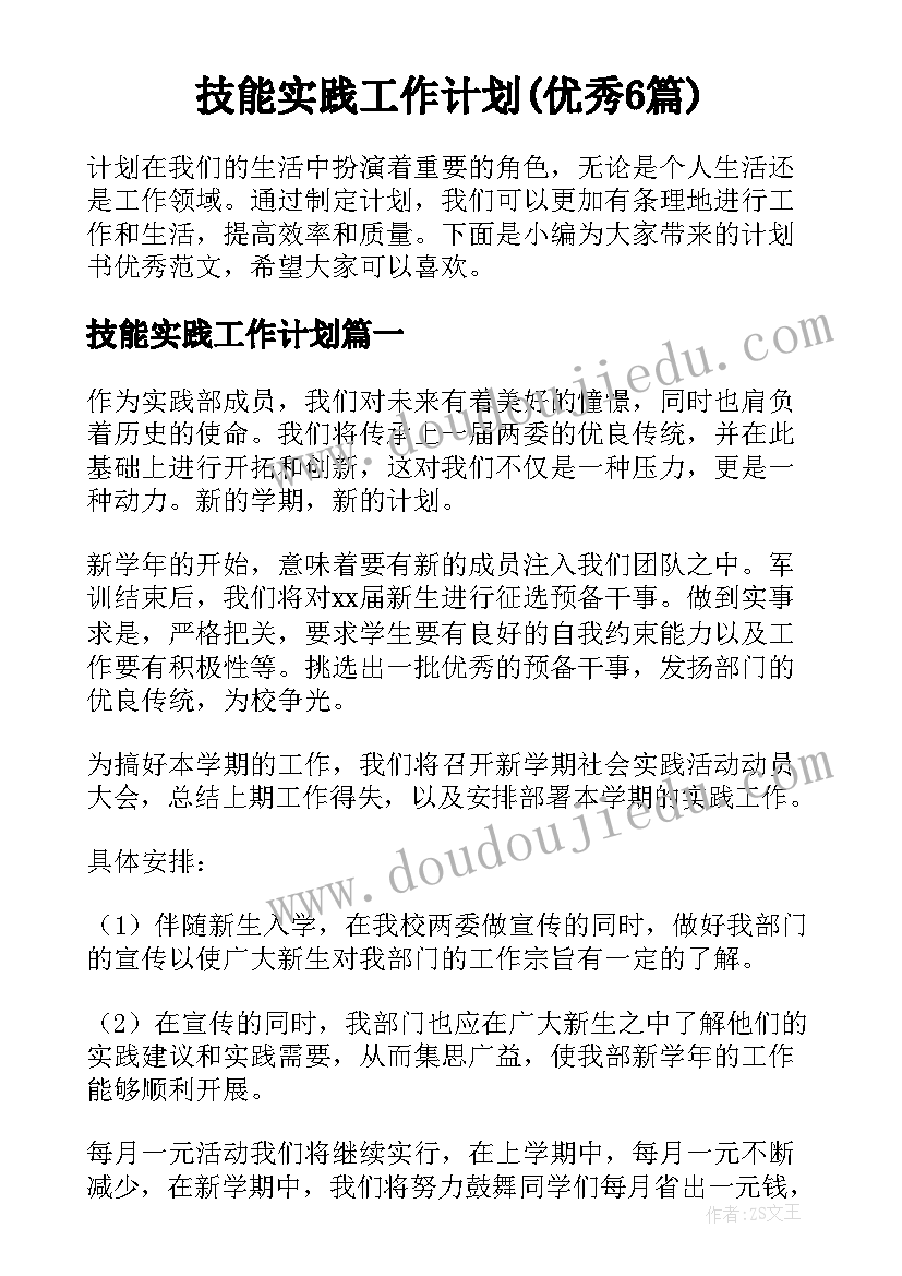 技能实践工作计划(优秀6篇)