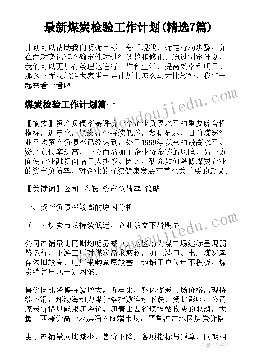 最新煤炭检验工作计划(精选7篇)