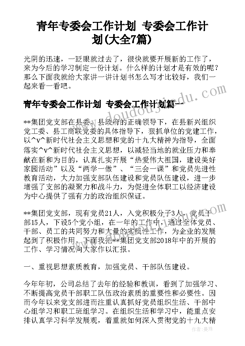 青年专委会工作计划 专委会工作计划(大全7篇)