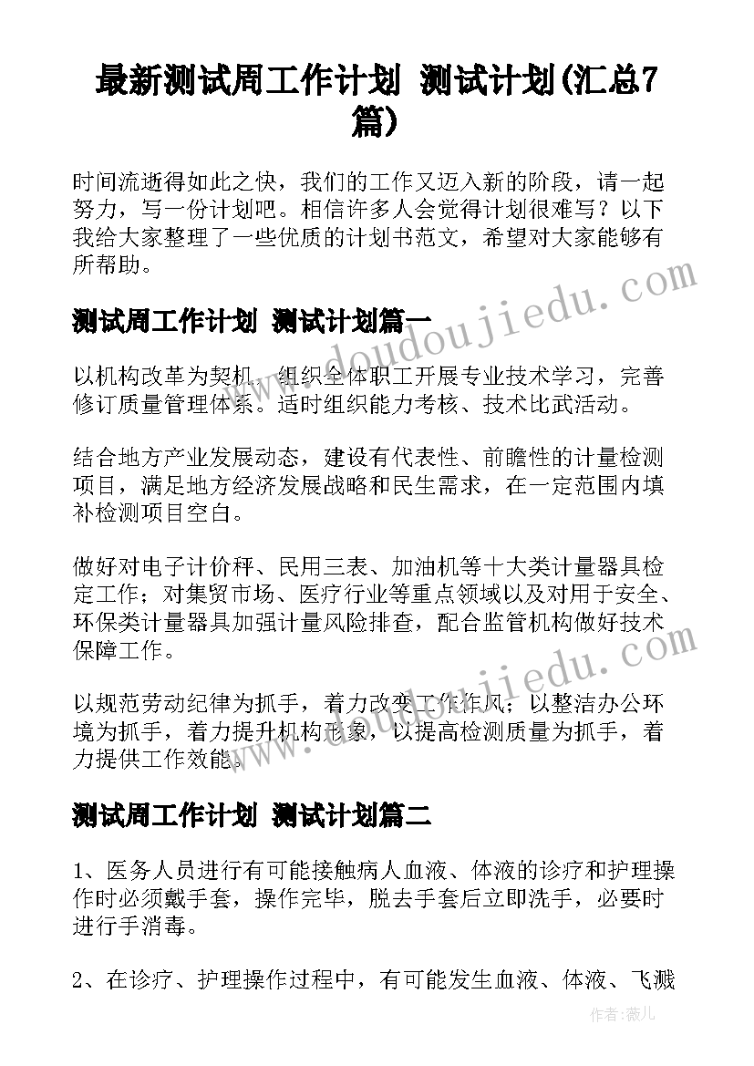 最新测试周工作计划 测试计划(汇总7篇)