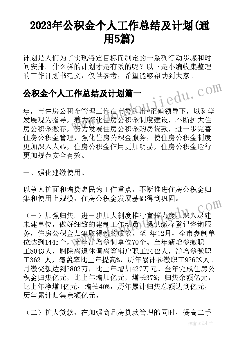 2023年公积金个人工作总结及计划(通用5篇)