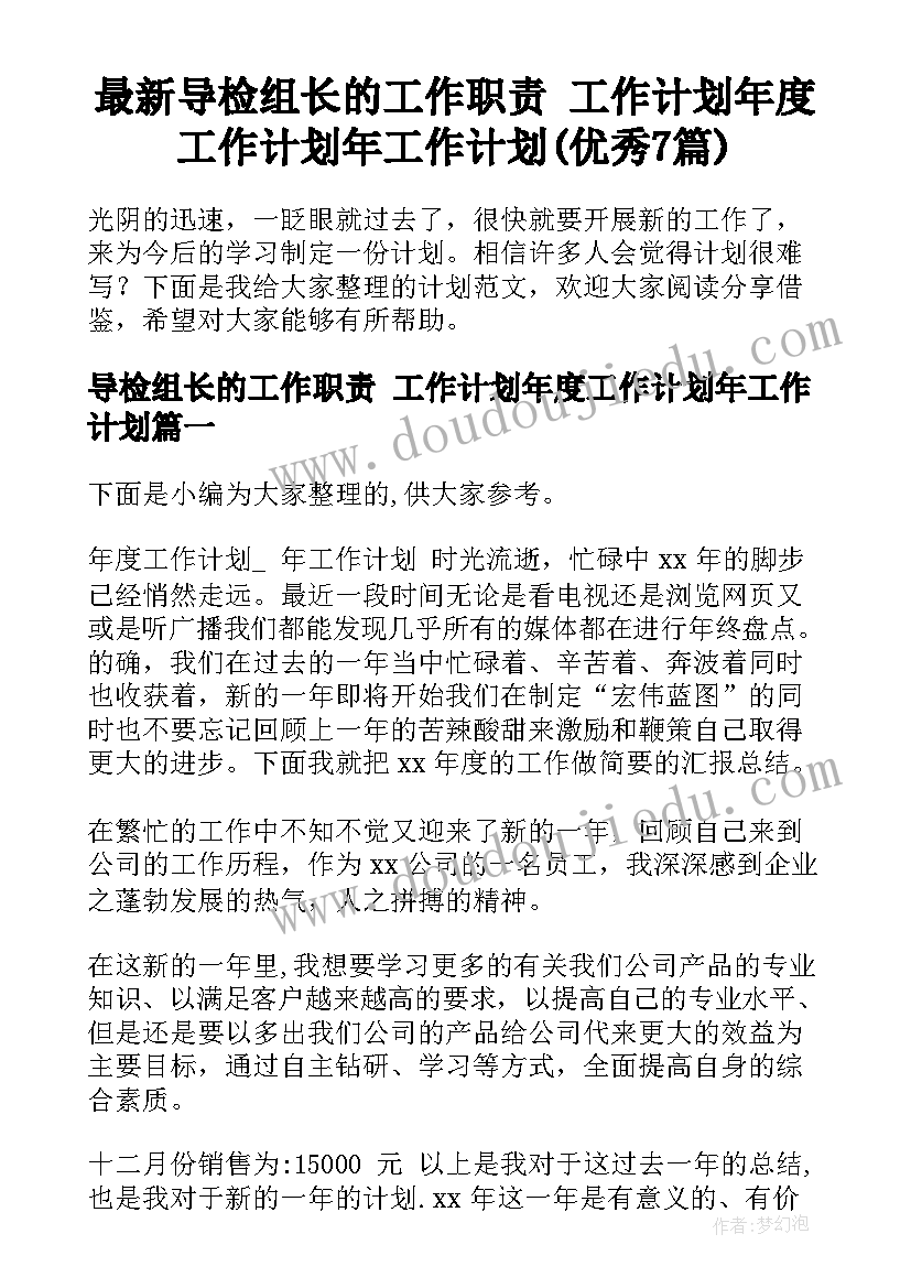 最新导检组长的工作职责 工作计划年度工作计划年工作计划(优秀7篇)