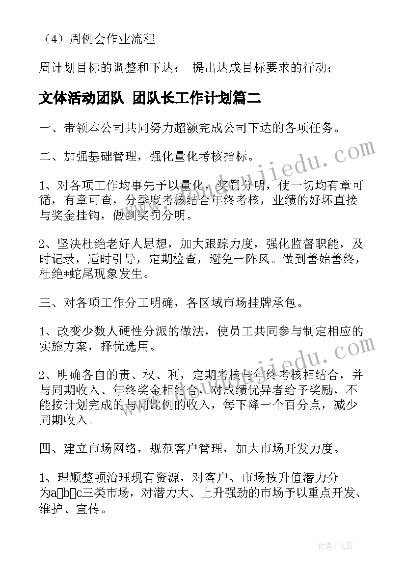 最新文体活动团队 团队长工作计划(精选8篇)