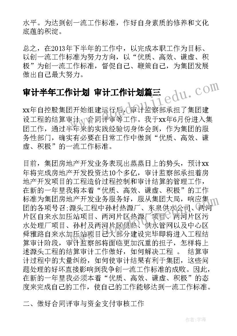 最新审计半年工作计划 审计工作计划(优质8篇)