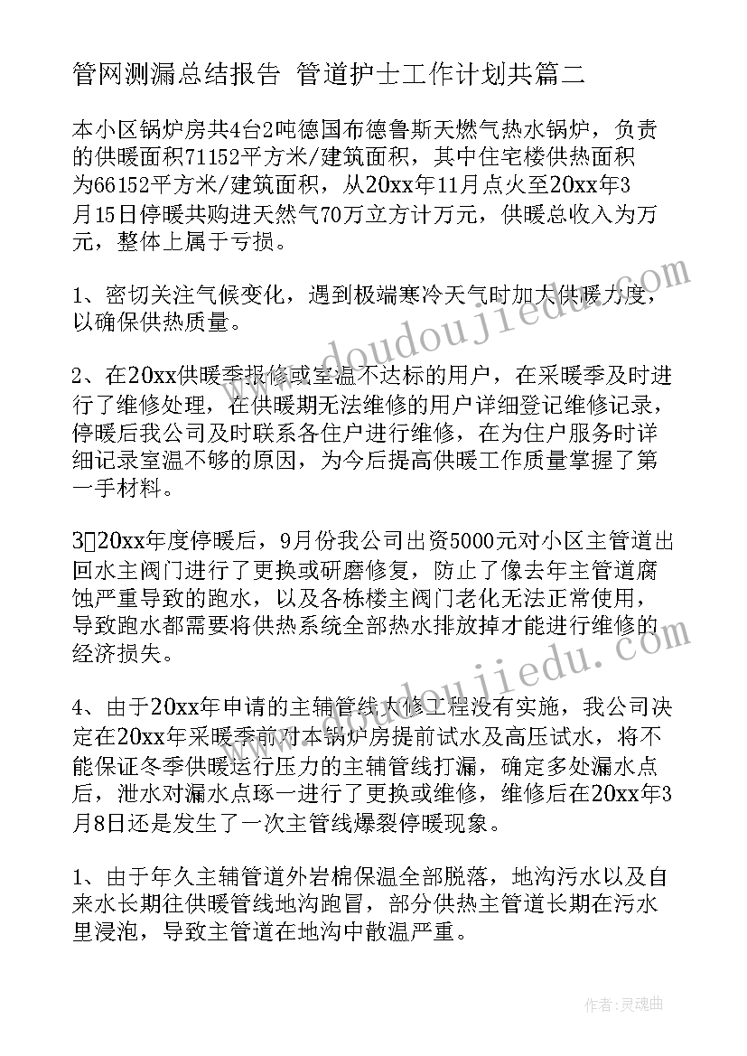 管网测漏总结报告 管道护士工作计划共(大全5篇)