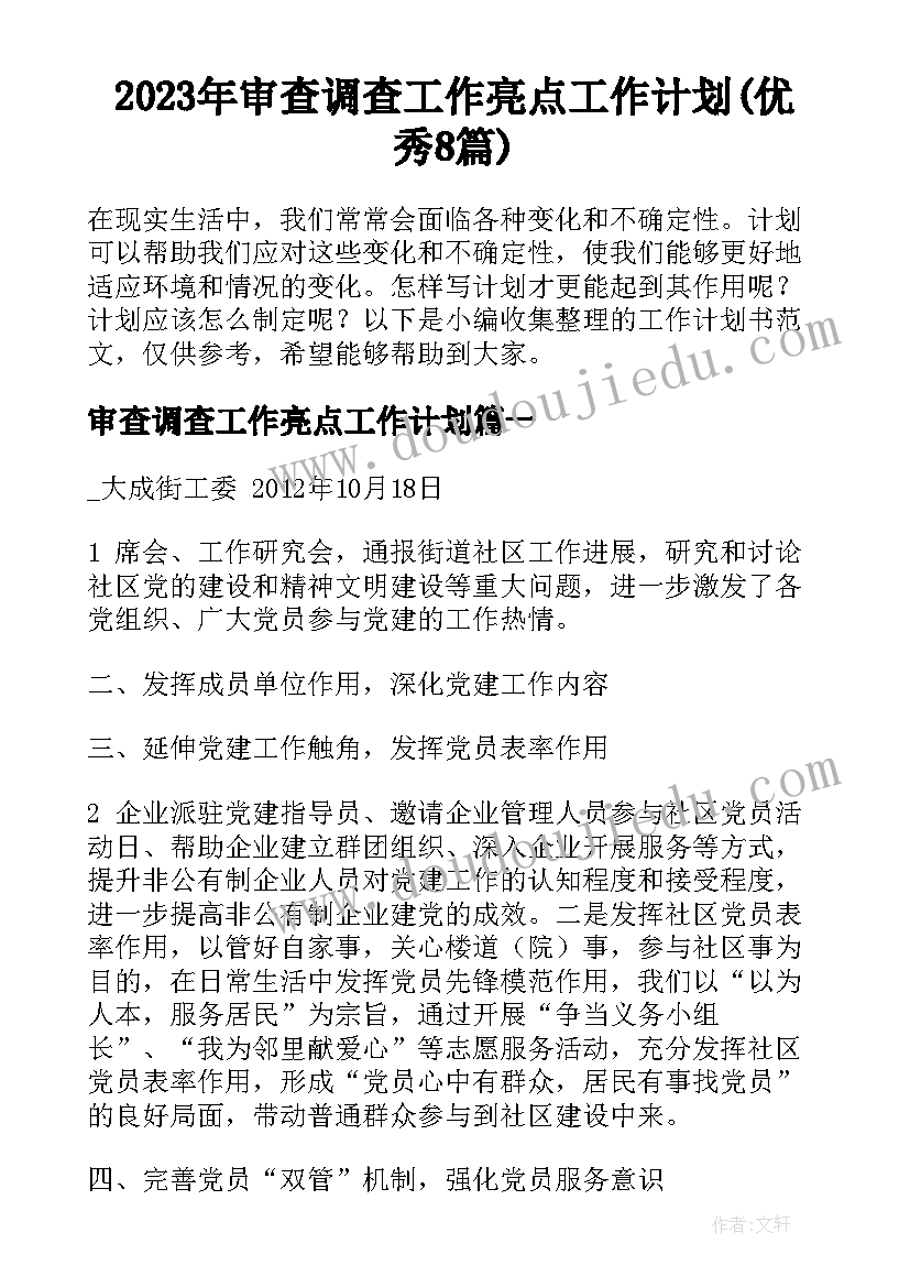 2023年审查调查工作亮点工作计划(优秀8篇)