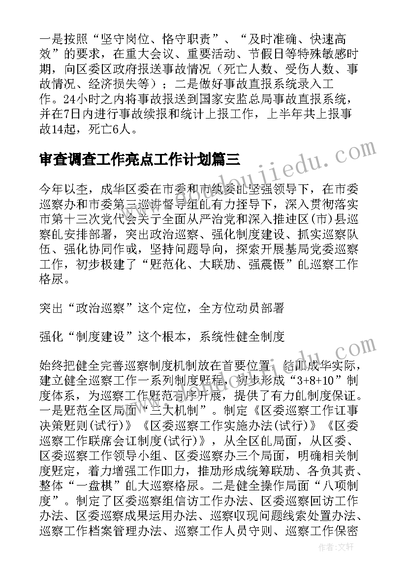 2023年审查调查工作亮点工作计划(优秀8篇)