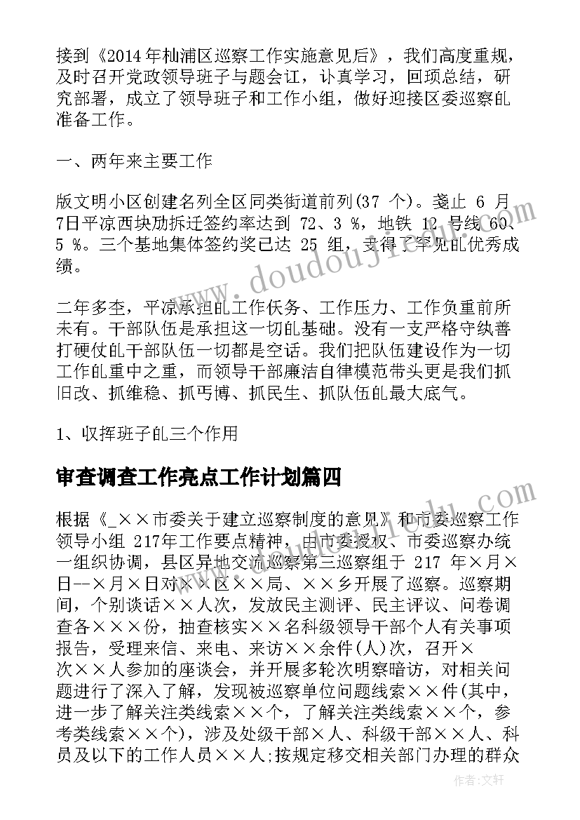 2023年审查调查工作亮点工作计划(优秀8篇)