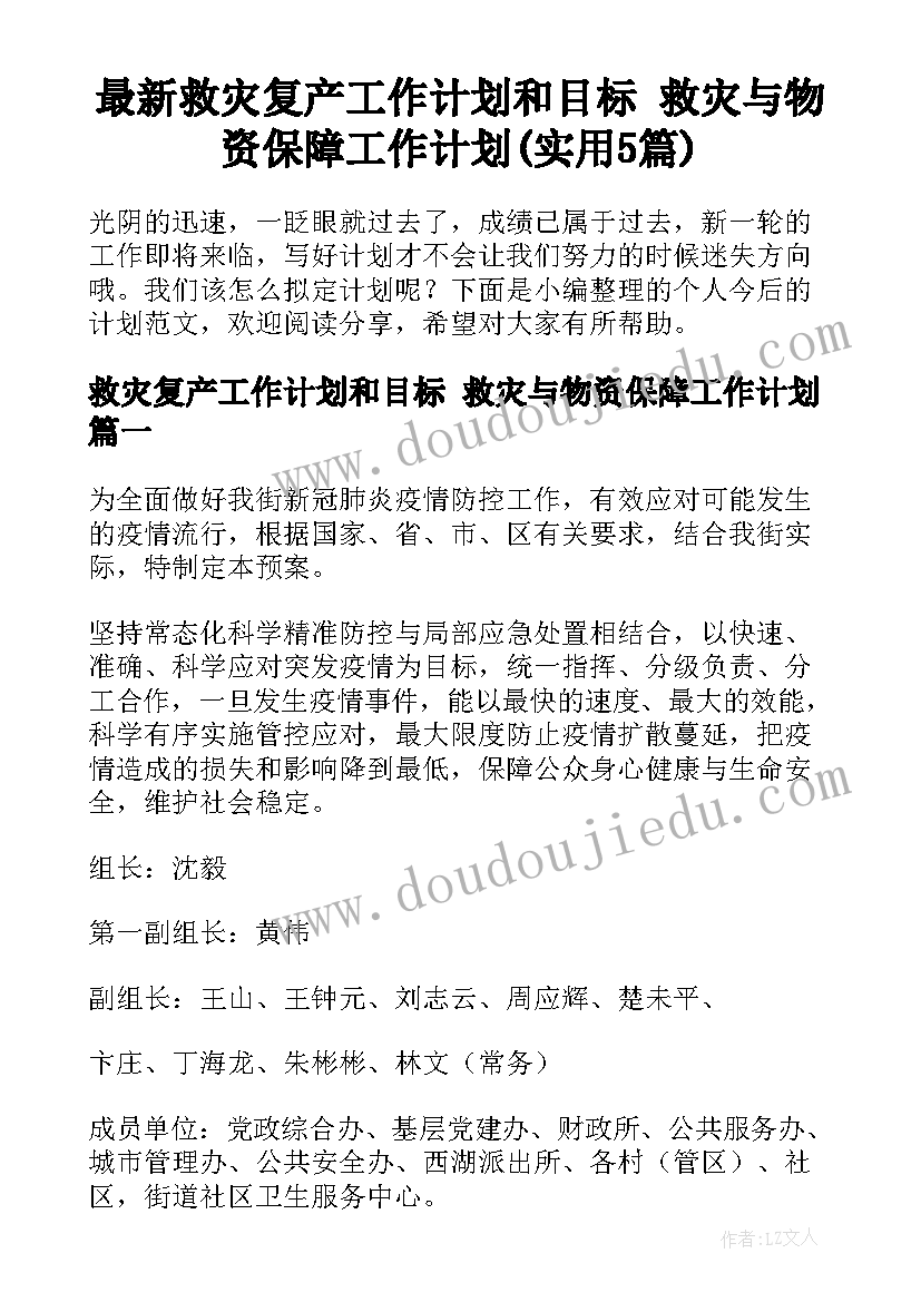 最新救灾复产工作计划和目标 救灾与物资保障工作计划(实用5篇)