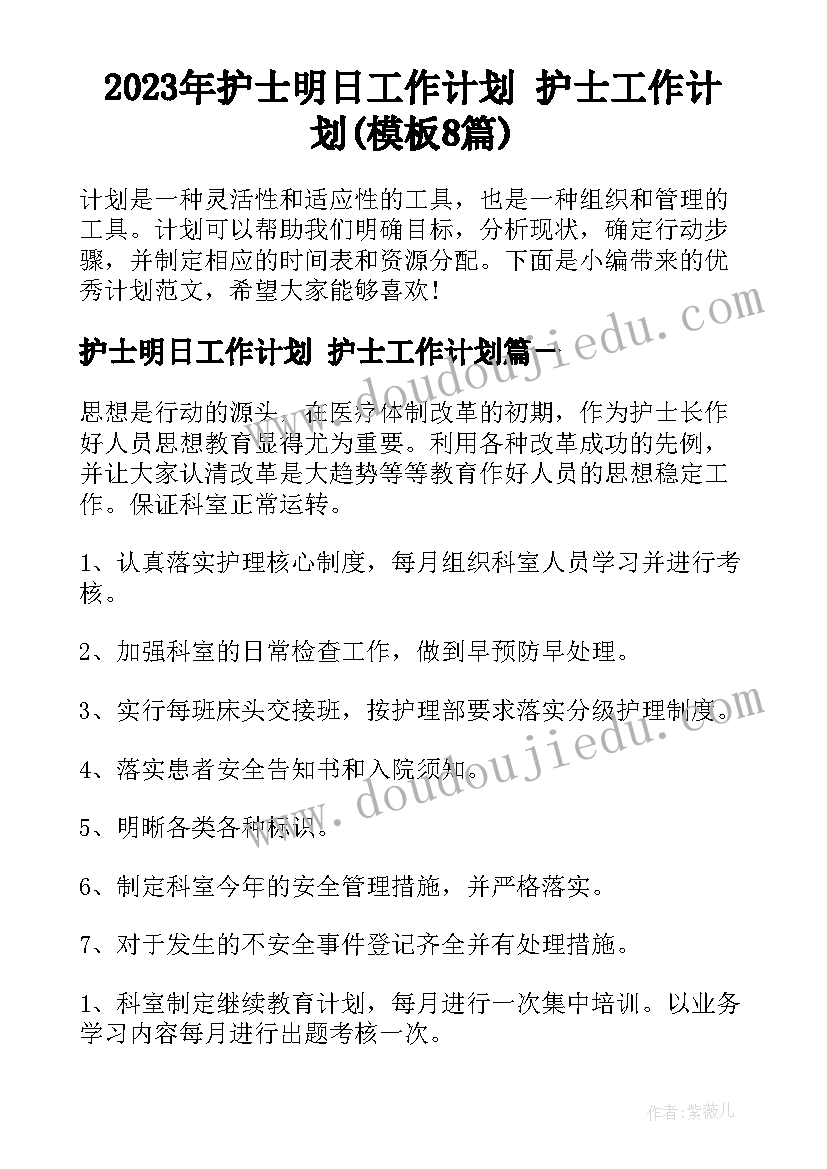 2023年护士明日工作计划 护士工作计划(模板8篇)