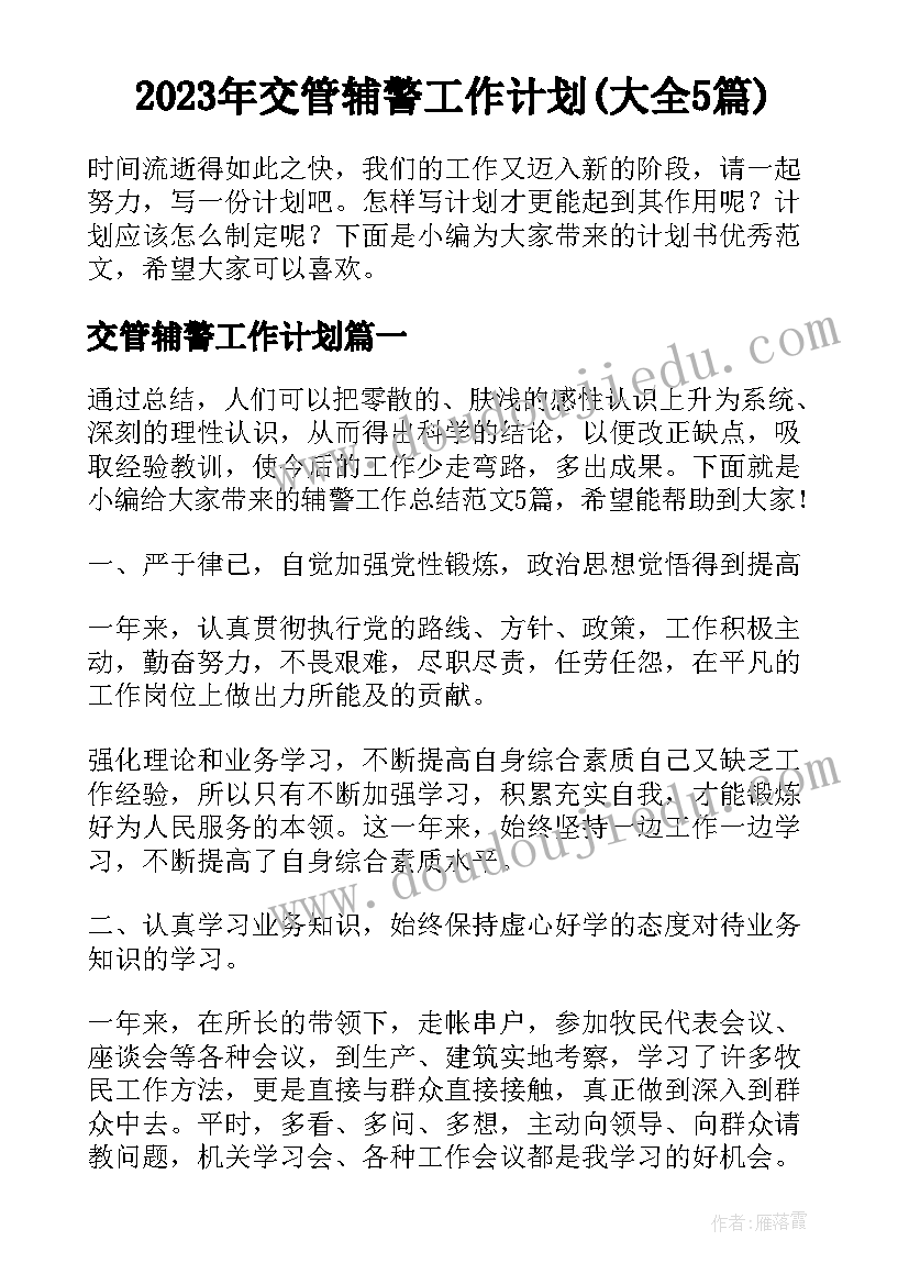 2023年交管辅警工作计划(大全5篇)