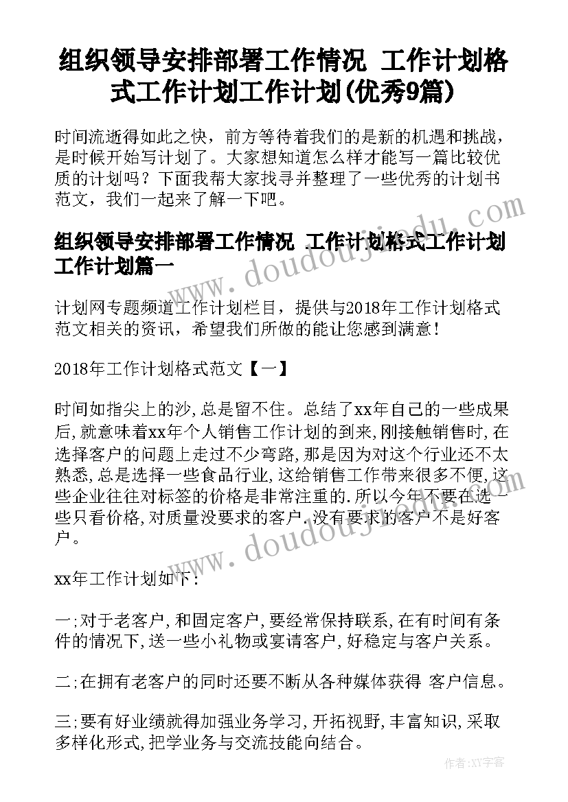 组织领导安排部署工作情况 工作计划格式工作计划工作计划(优秀9篇)