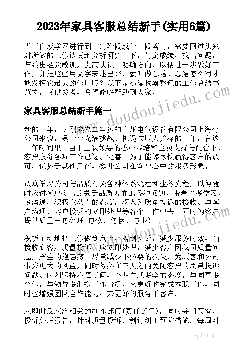 2023年家具客服总结新手(实用6篇)