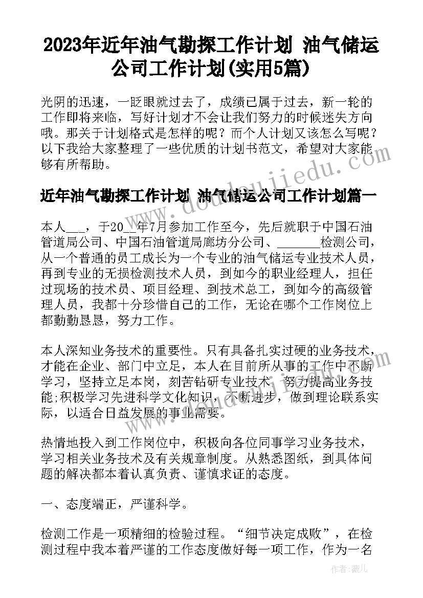 2023年近年油气勘探工作计划 油气储运公司工作计划(实用5篇)