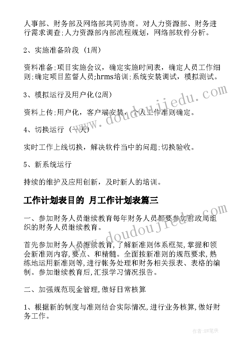 2023年工作计划表目的 月工作计划表(通用9篇)