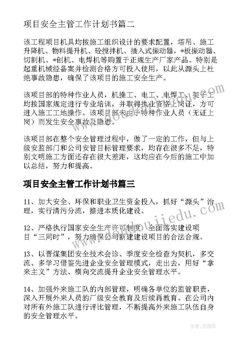 最新项目安全主管工作计划书(精选6篇)