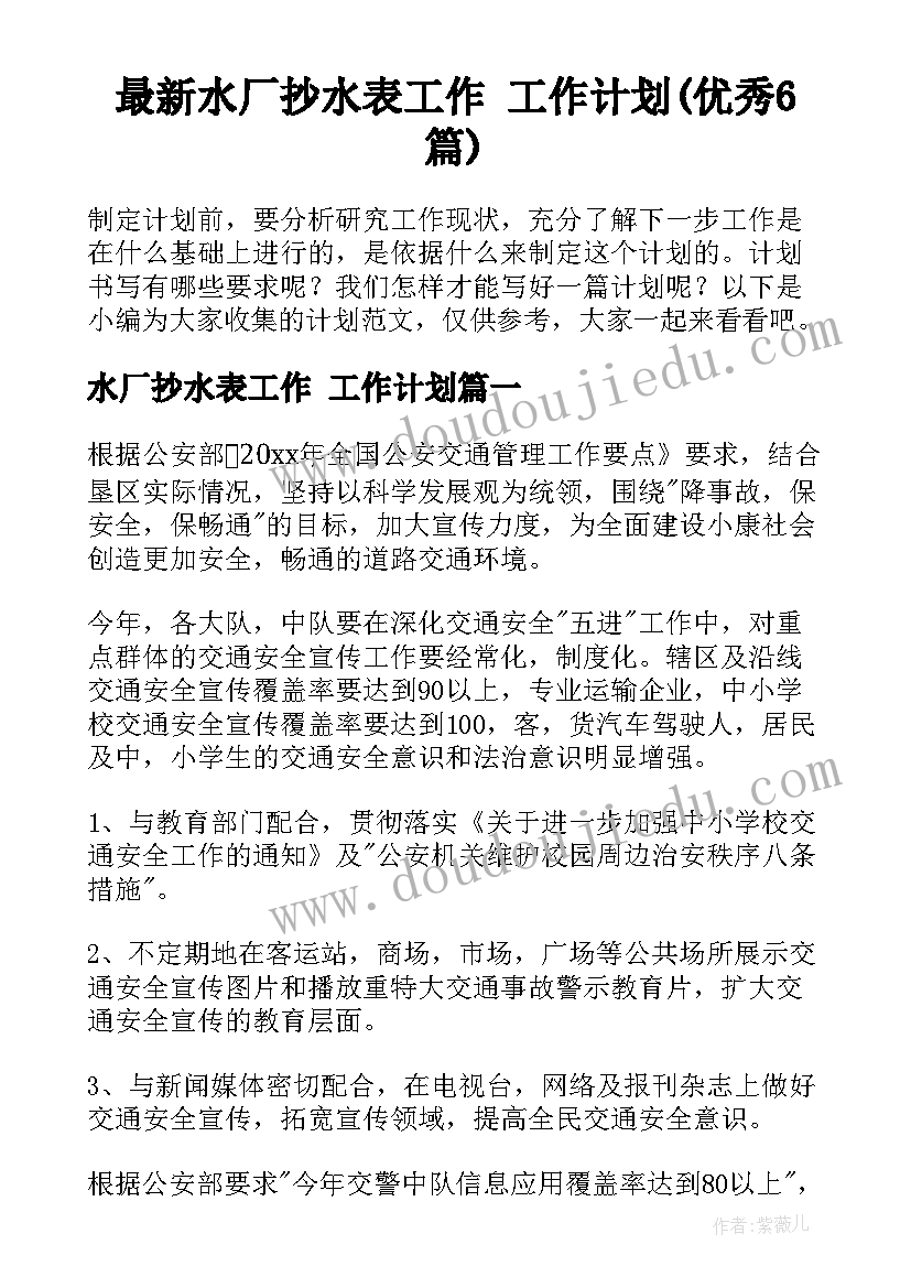 最新水厂抄水表工作 工作计划(优秀6篇)