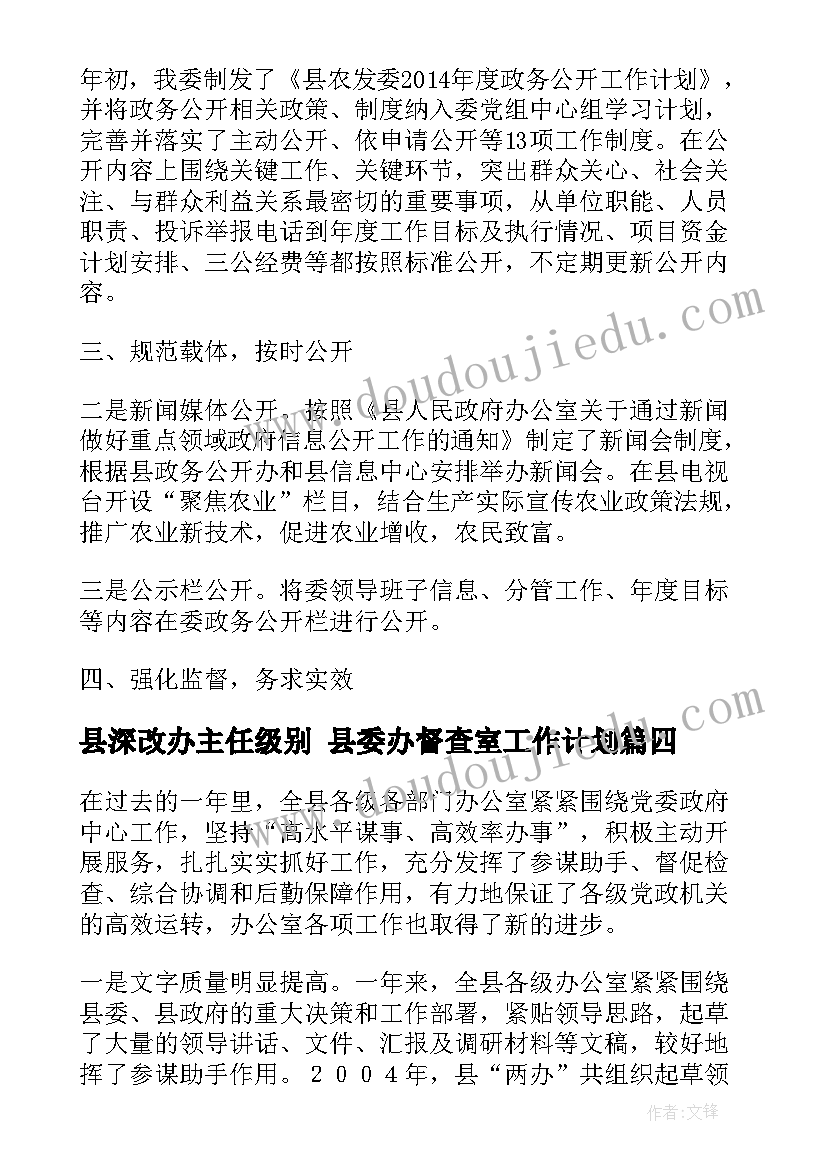 县深改办主任级别 县委办督查室工作计划(通用5篇)