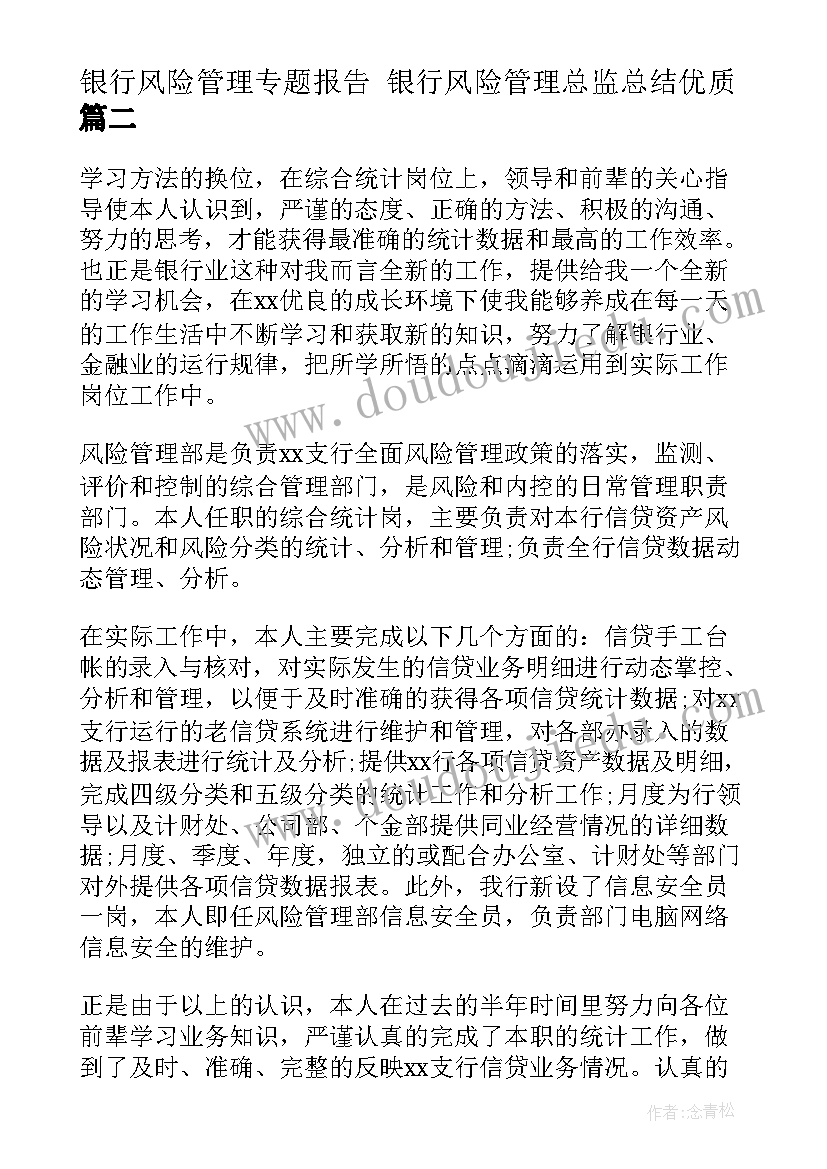 最新银行风险管理专题报告 银行风险管理总监总结(模板9篇)