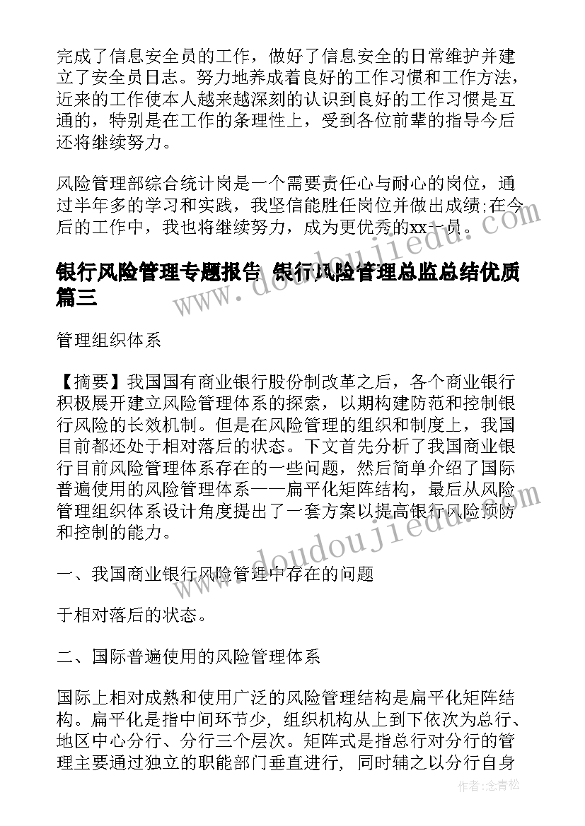 最新银行风险管理专题报告 银行风险管理总监总结(模板9篇)