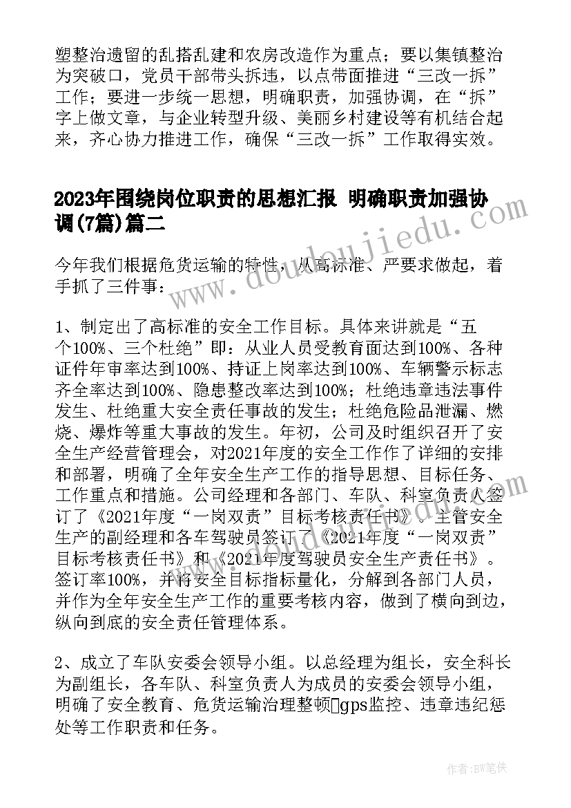 最新围绕岗位职责的思想汇报 明确职责加强协调(精选7篇)