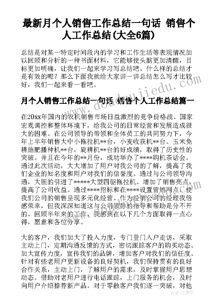 最新月个人销售工作总结一句话 销售个人工作总结(大全6篇)