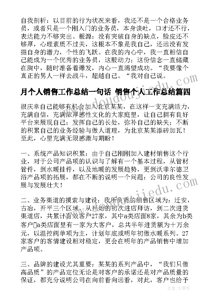 最新月个人销售工作总结一句话 销售个人工作总结(大全6篇)