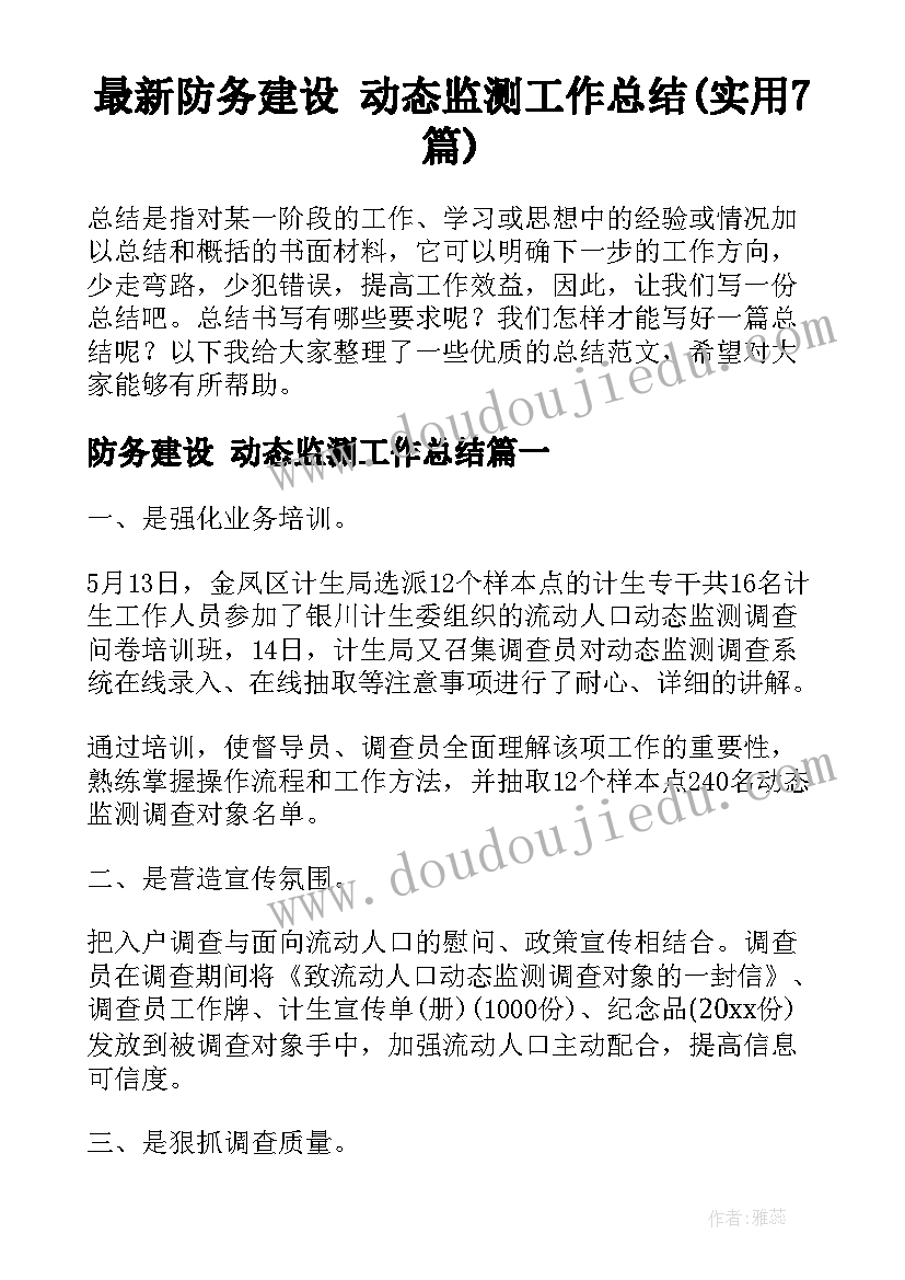 最新防务建设 动态监测工作总结(实用7篇)