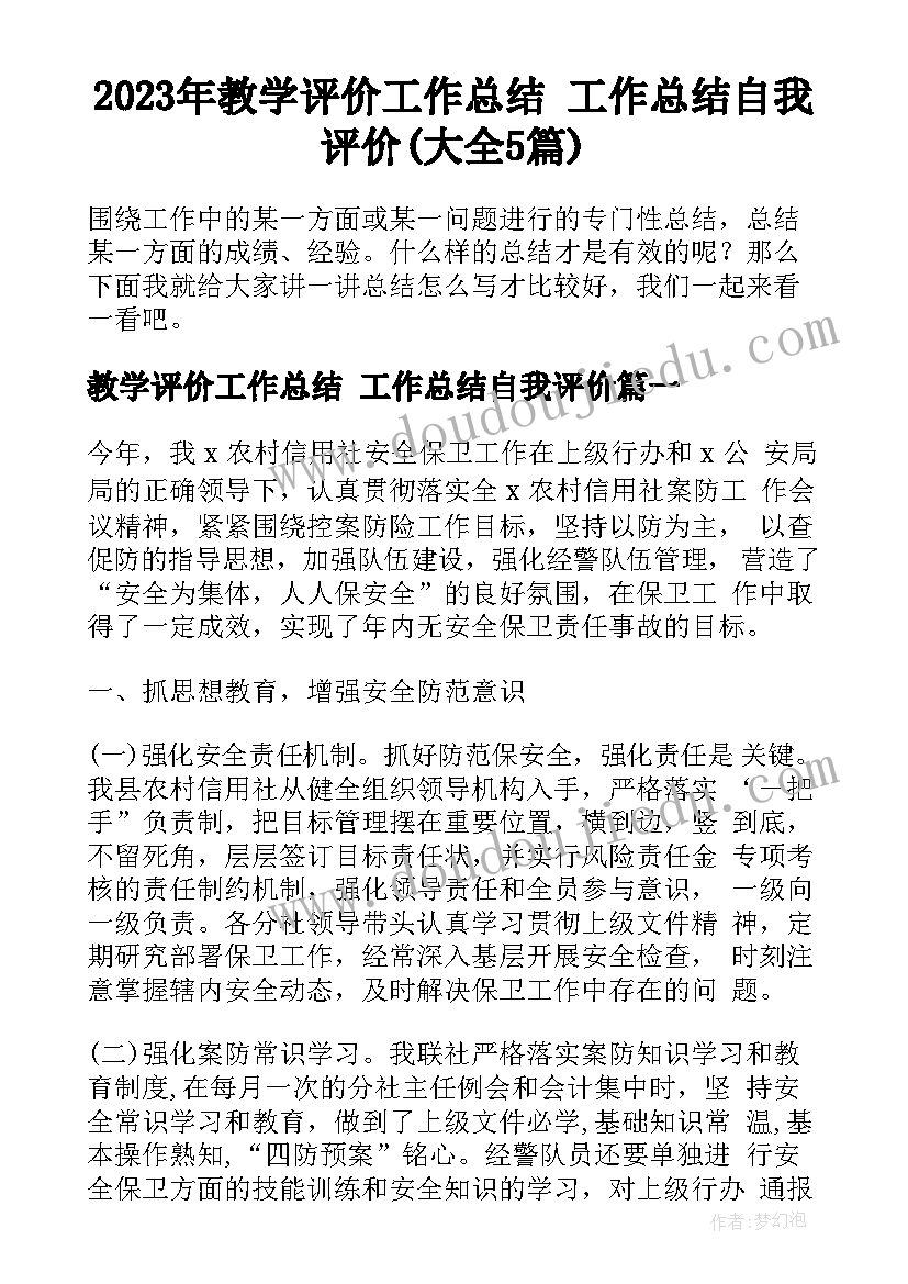 2023年教学评价工作总结 工作总结自我评价(大全5篇)