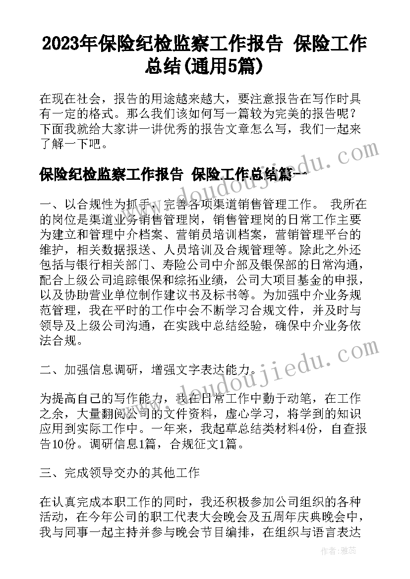 2023年保险纪检监察工作报告 保险工作总结(通用5篇)