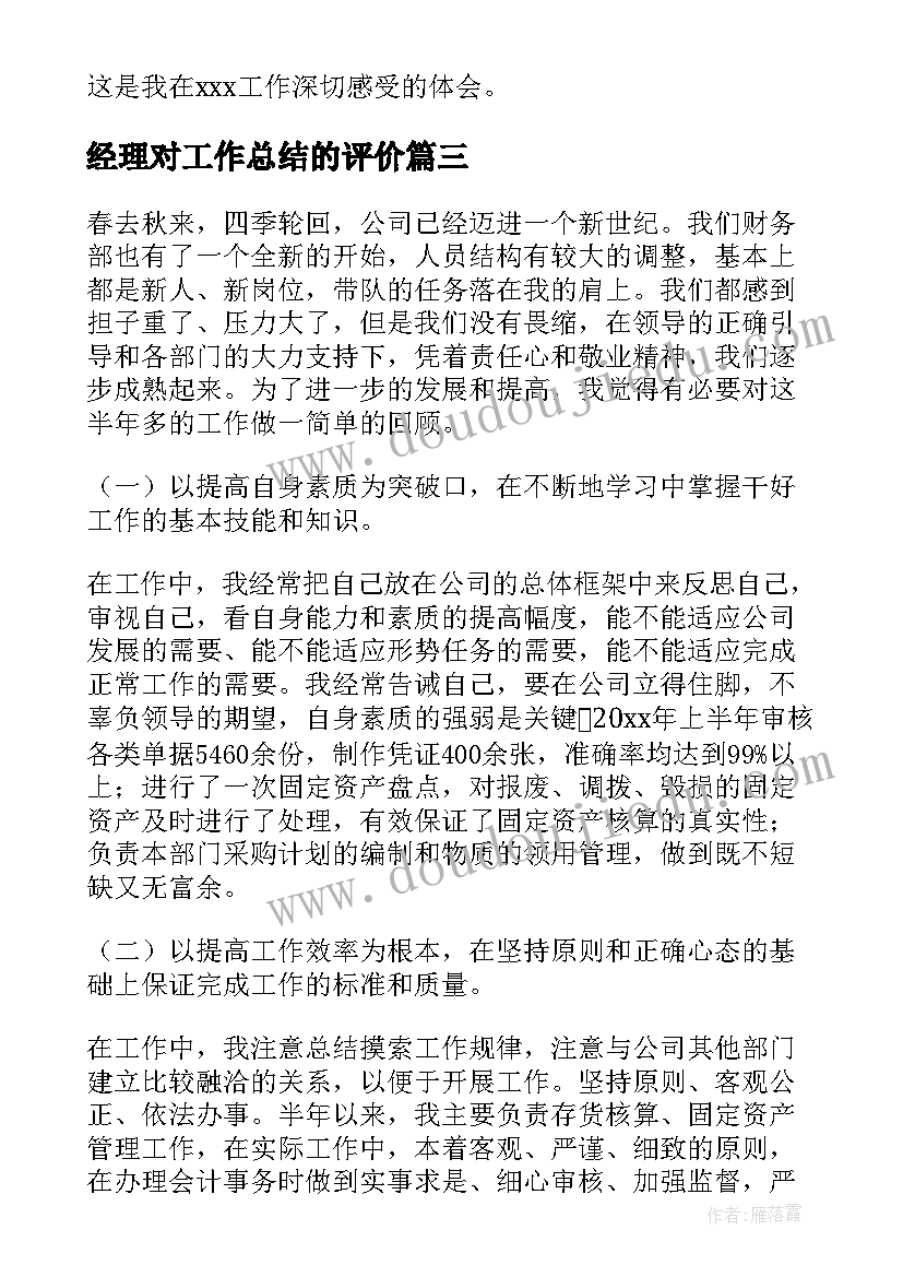 最新经理对工作总结的评价(精选8篇)