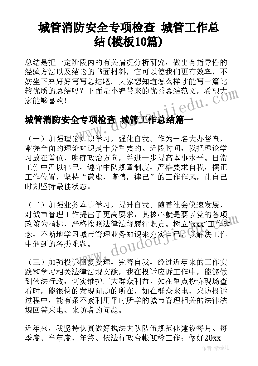 城管消防安全专项检查 城管工作总结(模板10篇)