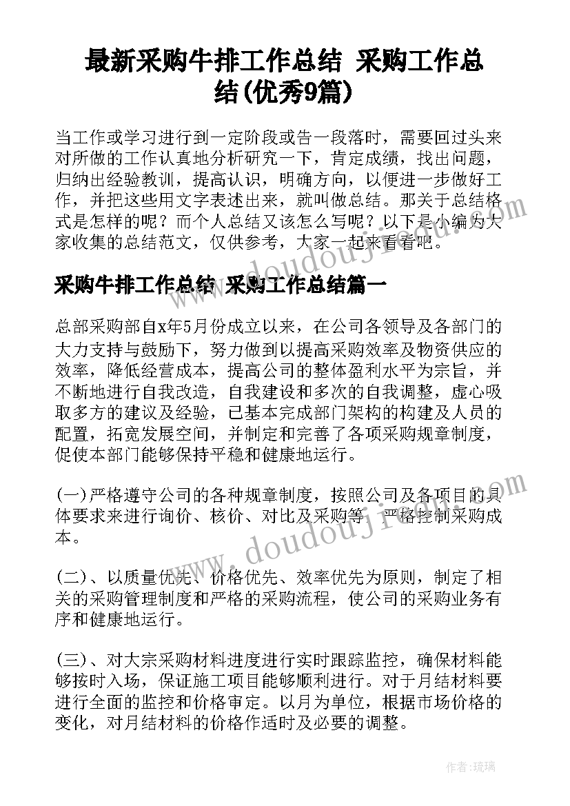 最新采购牛排工作总结 采购工作总结(优秀9篇)