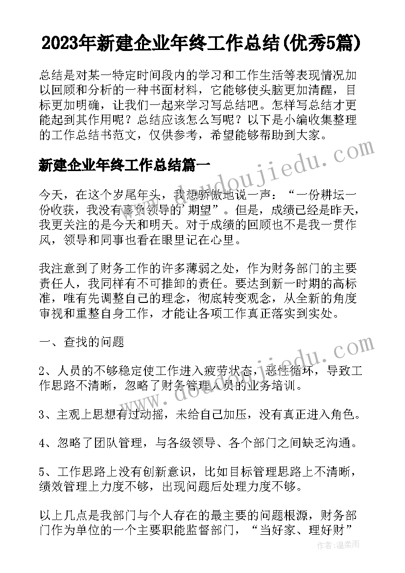 2023年新建企业年终工作总结(优秀5篇)