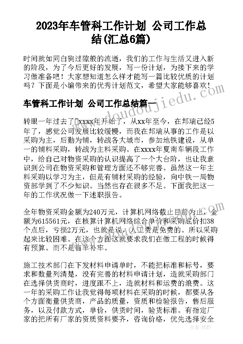 2023年车管科工作计划 公司工作总结(汇总6篇)