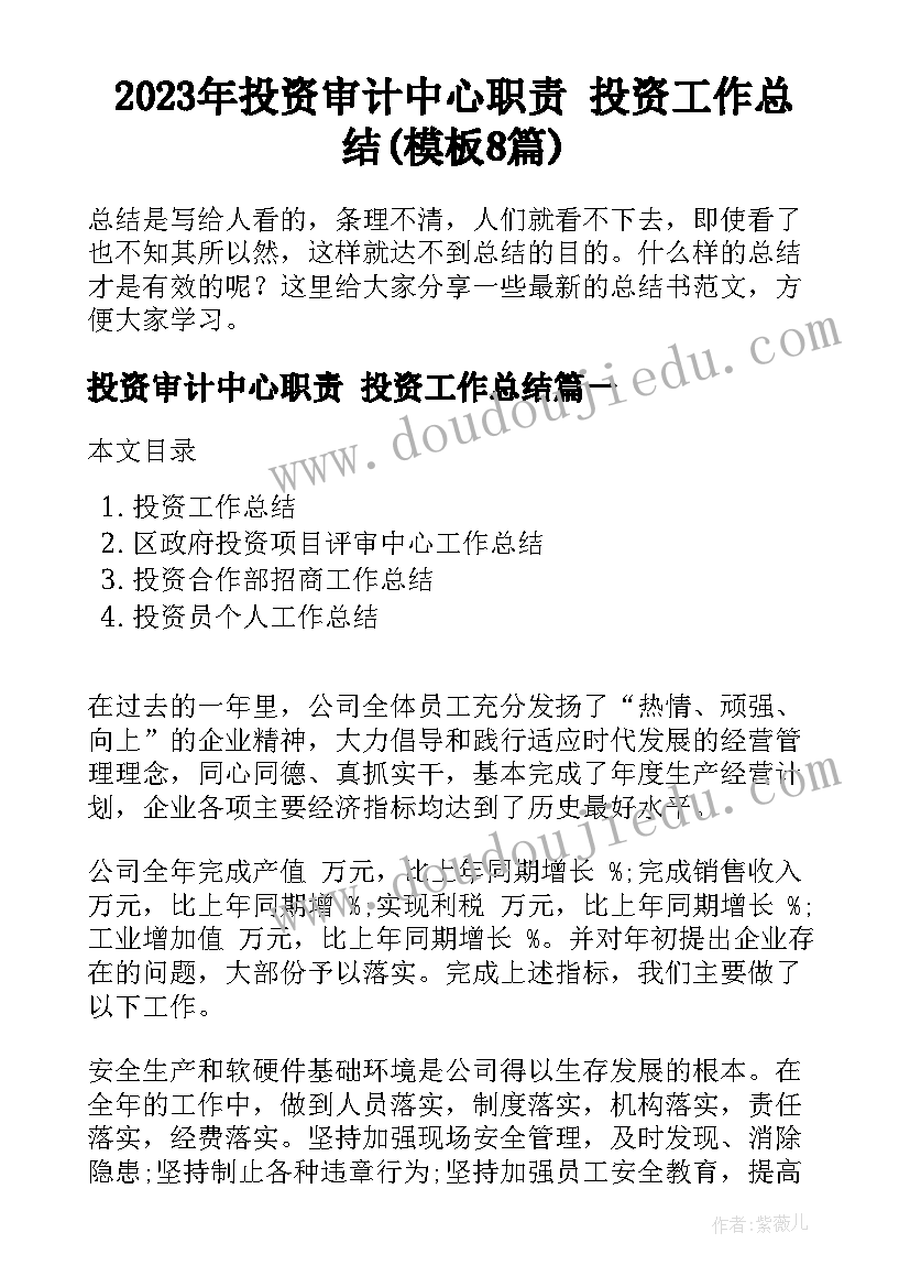 2023年投资审计中心职责 投资工作总结(模板8篇)