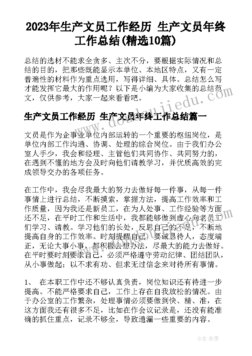 2023年生产文员工作经历 生产文员年终工作总结(精选10篇)