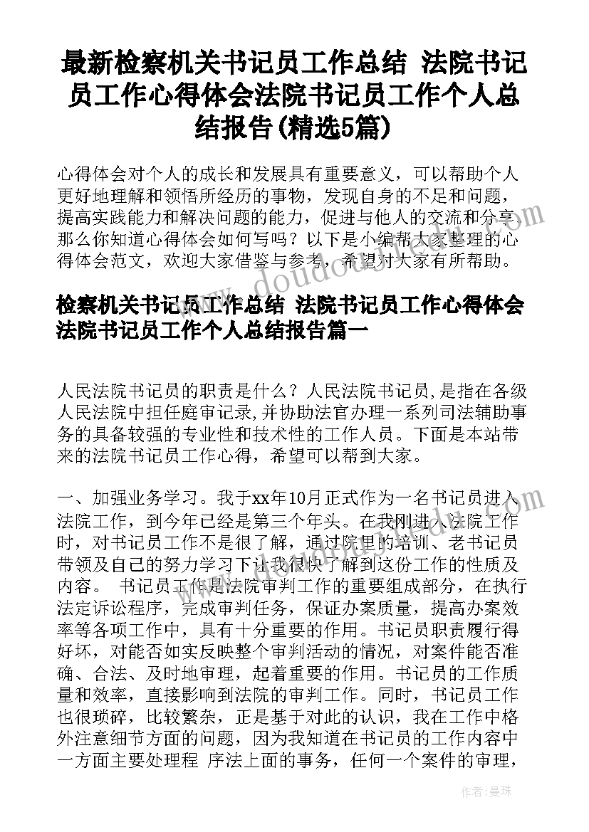 最新检察机关书记员工作总结 法院书记员工作心得体会法院书记员工作个人总结报告(精选5篇)