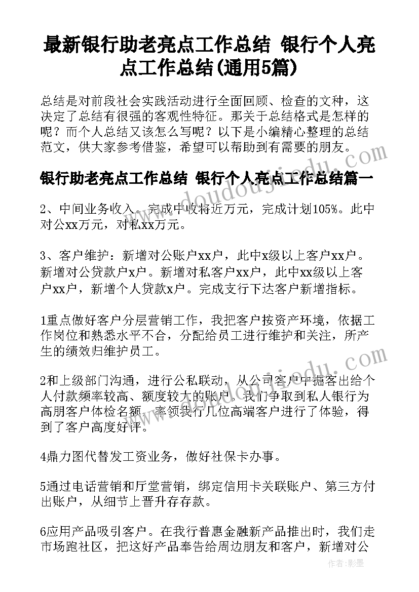 最新银行助老亮点工作总结 银行个人亮点工作总结(通用5篇)