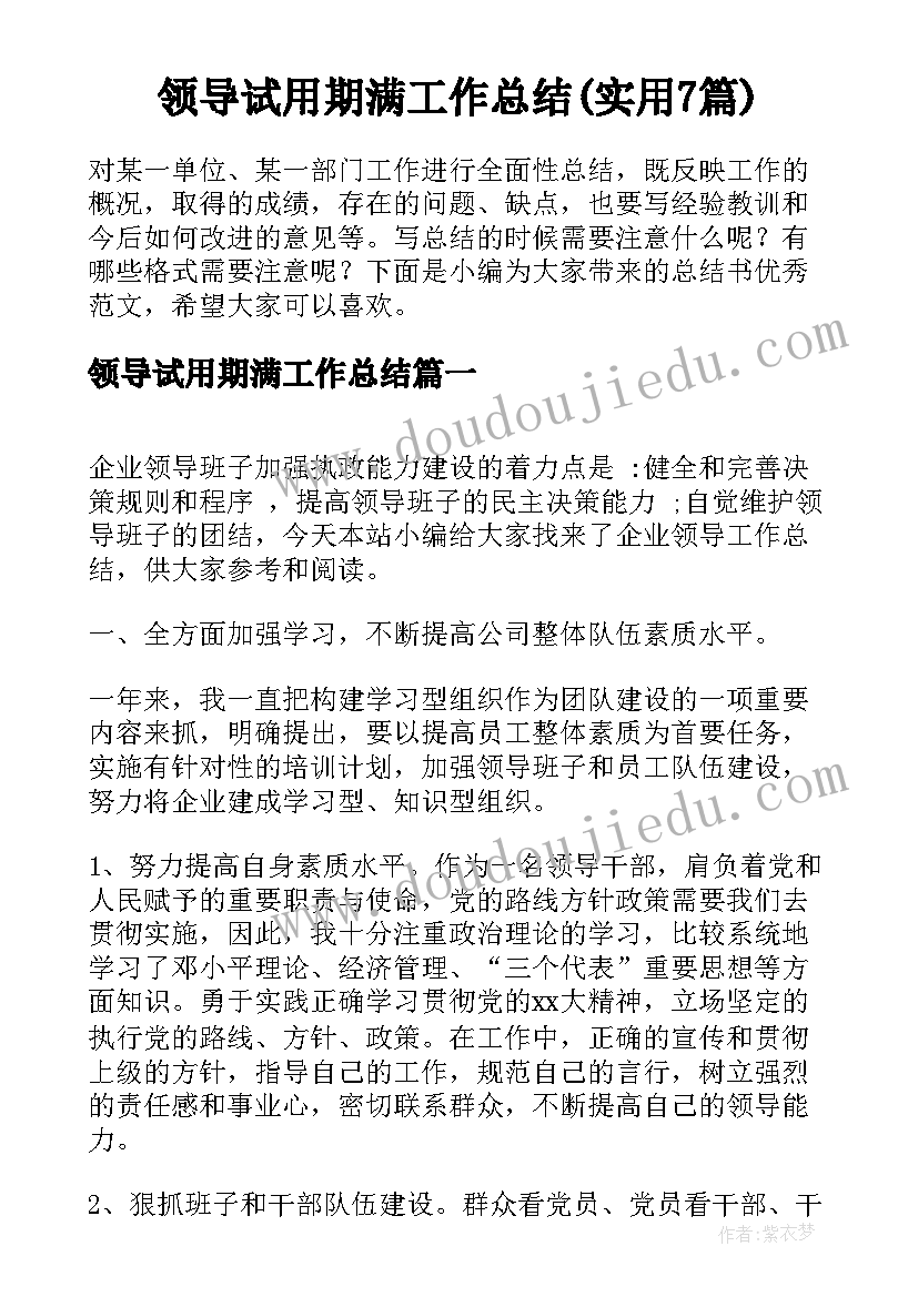 领导试用期满工作总结(实用7篇)