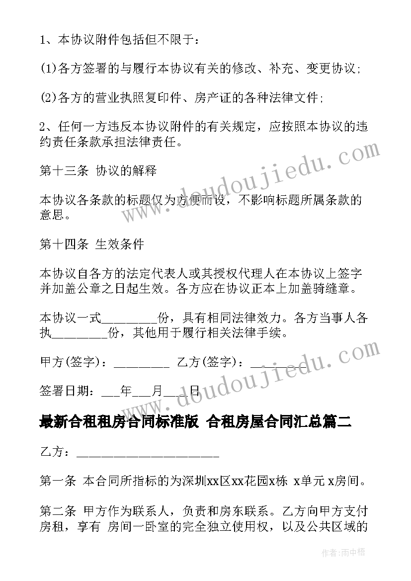 最新合租租房合同标准版 合租房屋合同(模板8篇)