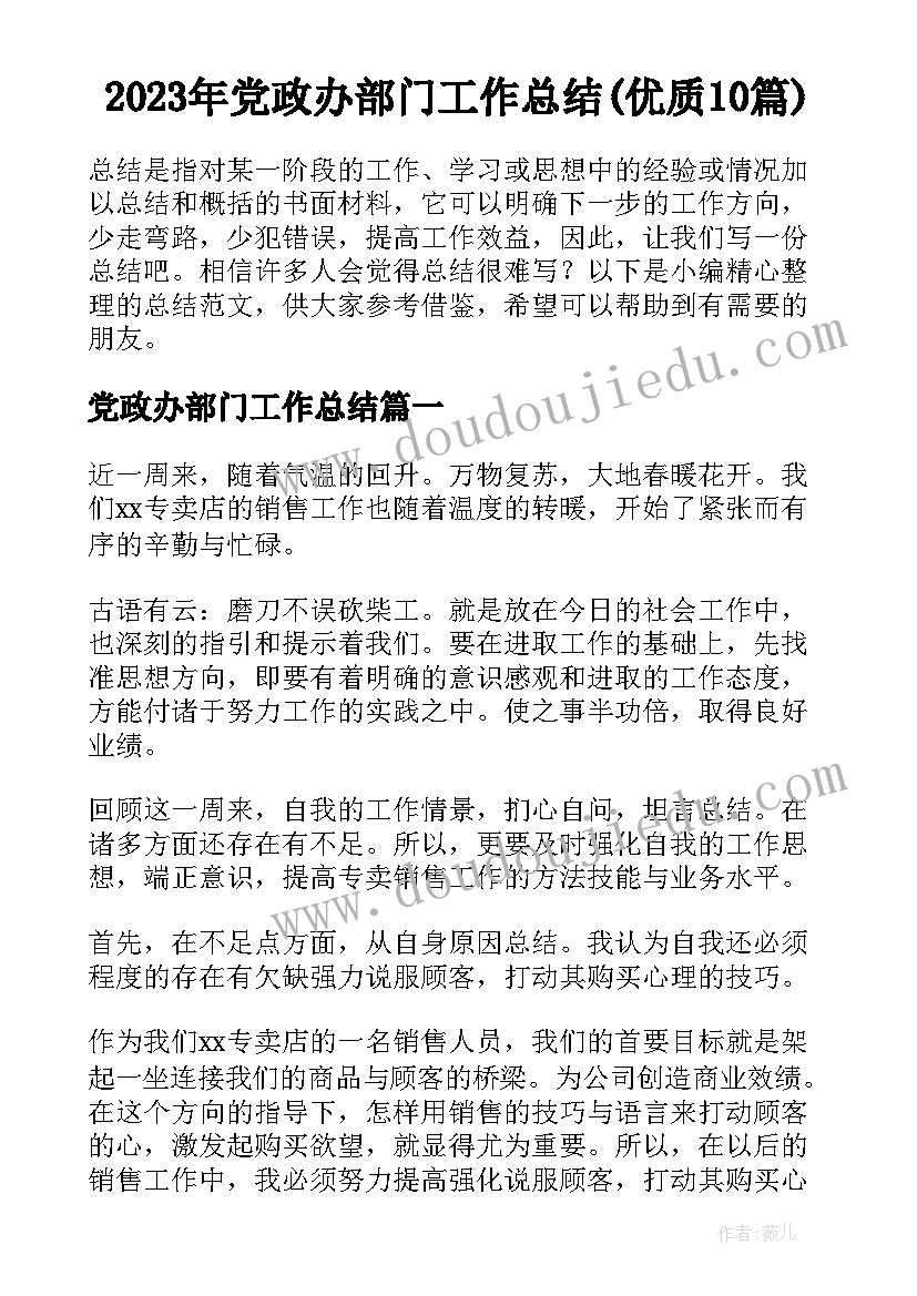 2023年党政办部门工作总结(优质10篇)