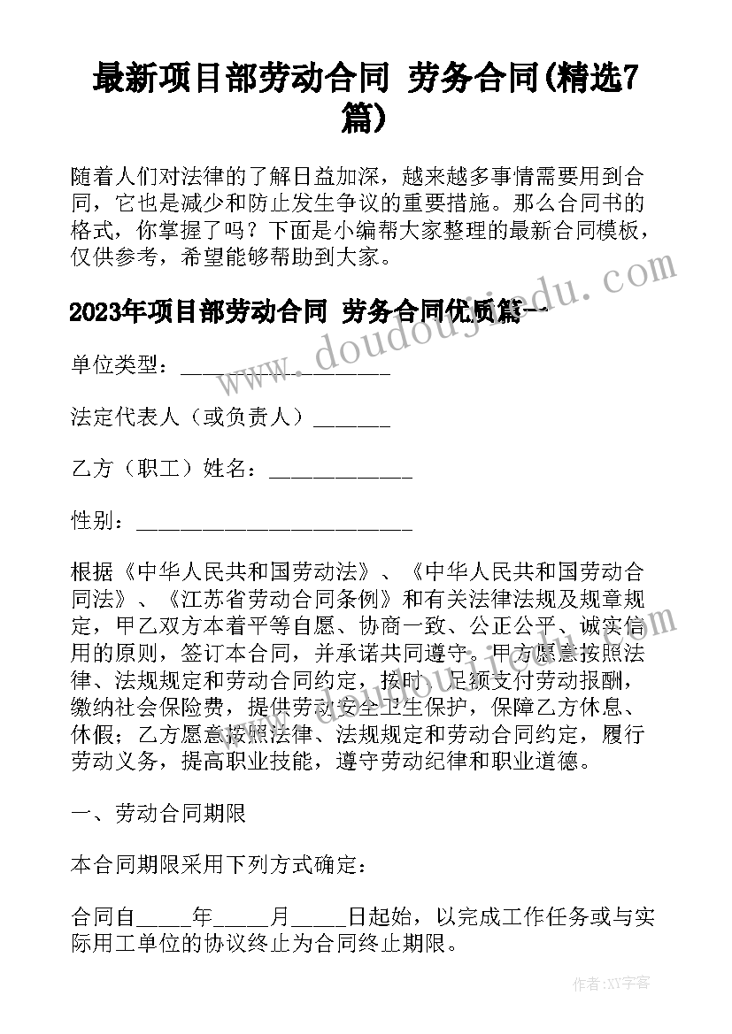 最新项目部劳动合同 劳务合同(精选7篇)