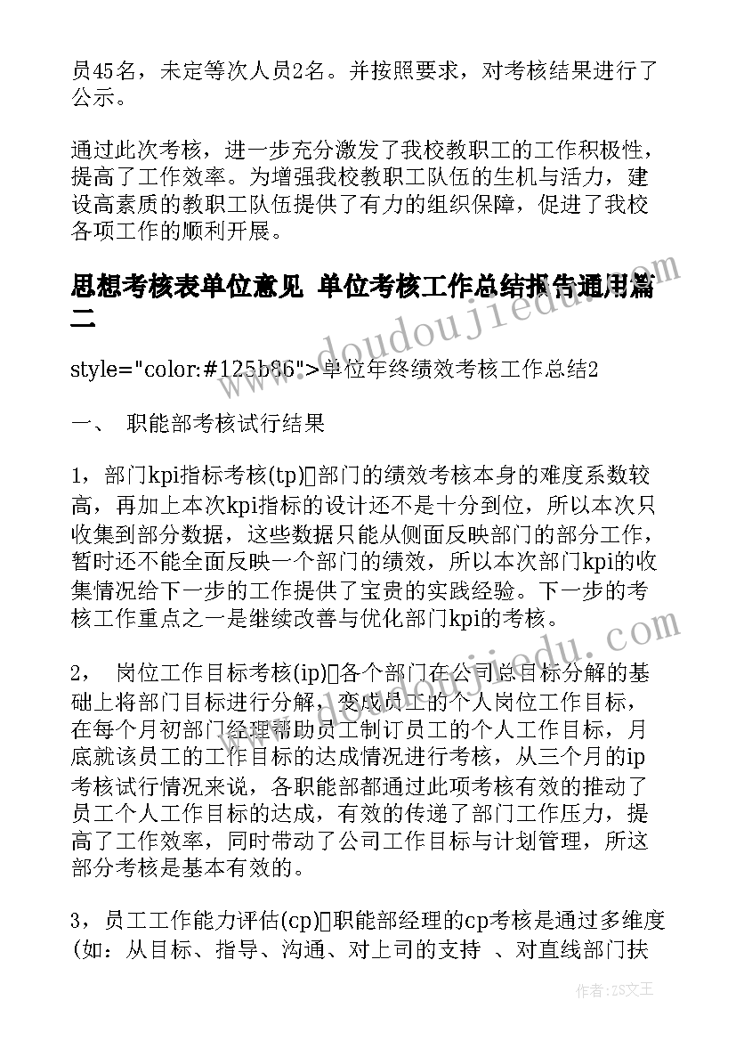 最新思想考核表单位意见 单位考核工作总结报告(大全9篇)