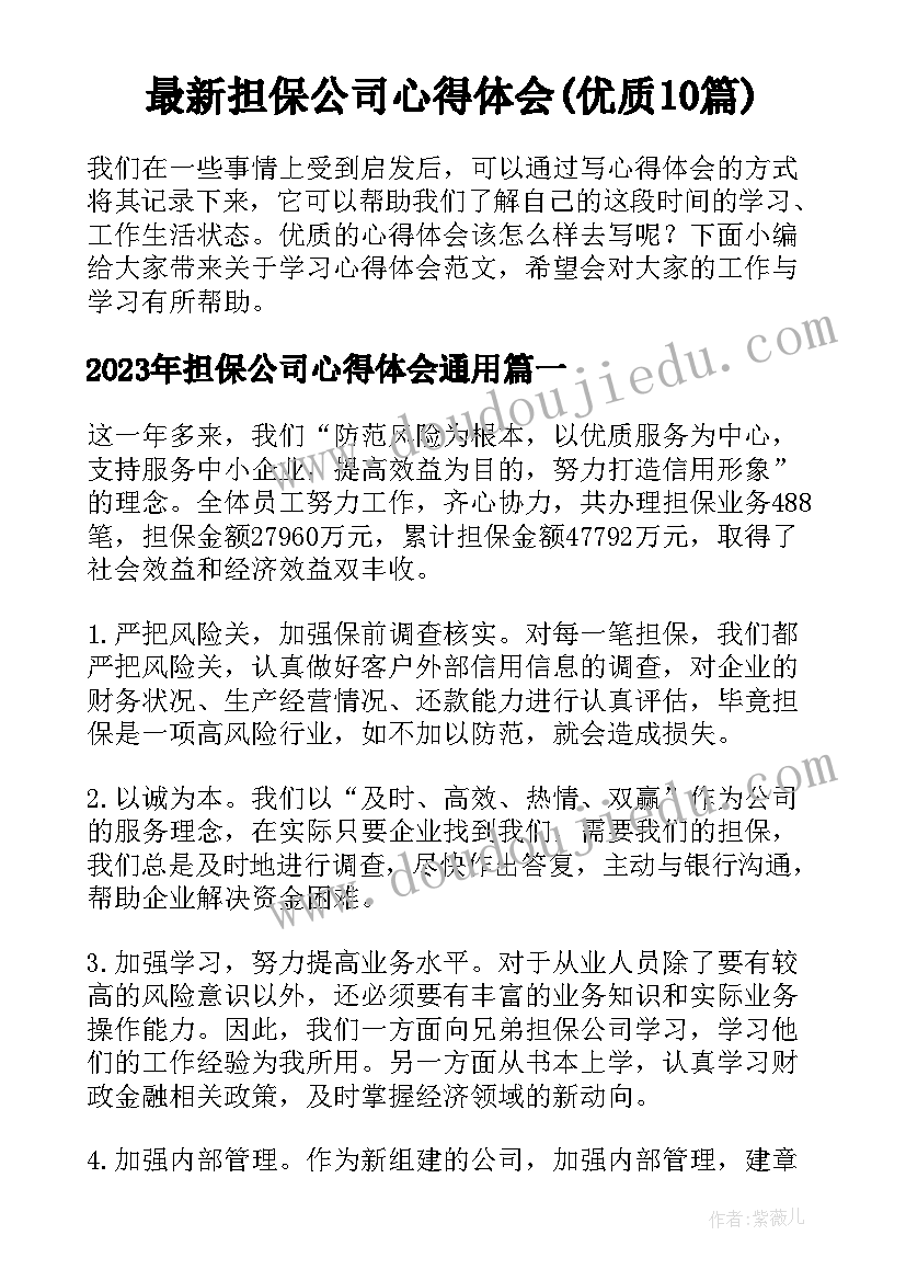 最新担保公司心得体会(优质10篇)