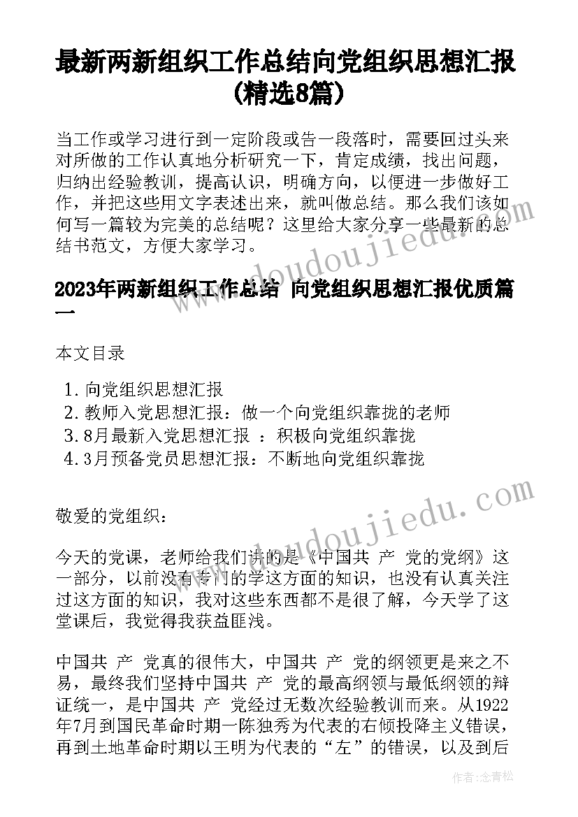 最新两新组织工作总结 向党组织思想汇报(精选8篇)