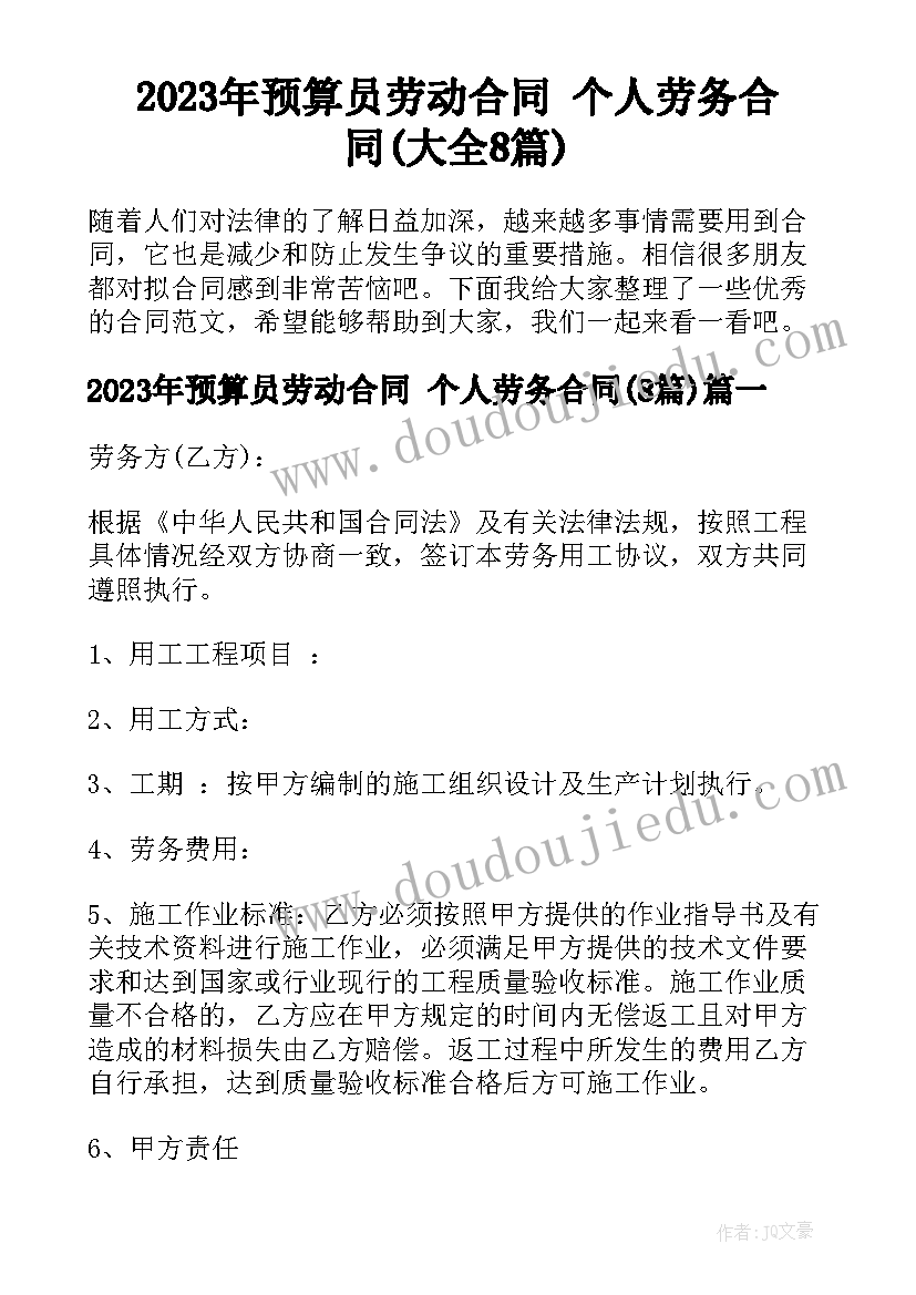 2023年预算员劳动合同 个人劳务合同(大全8篇)