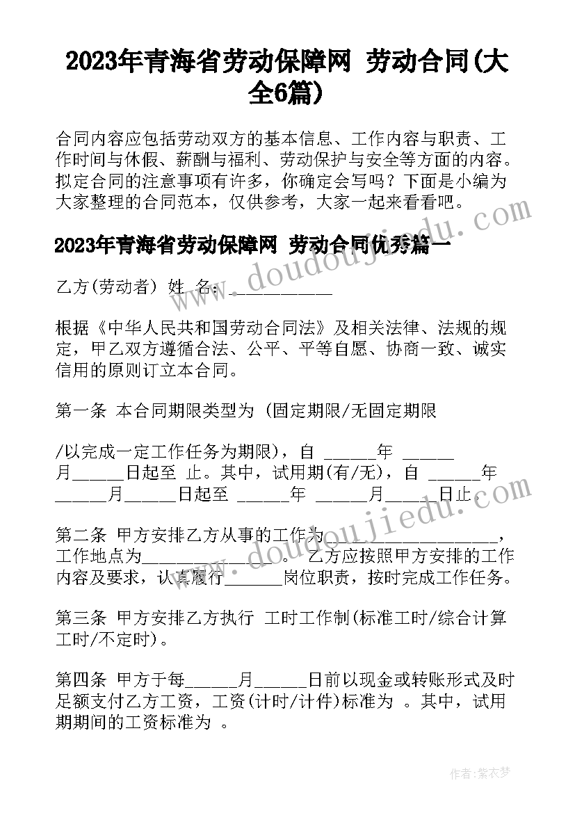 2023年青海省劳动保障网 劳动合同(大全6篇)